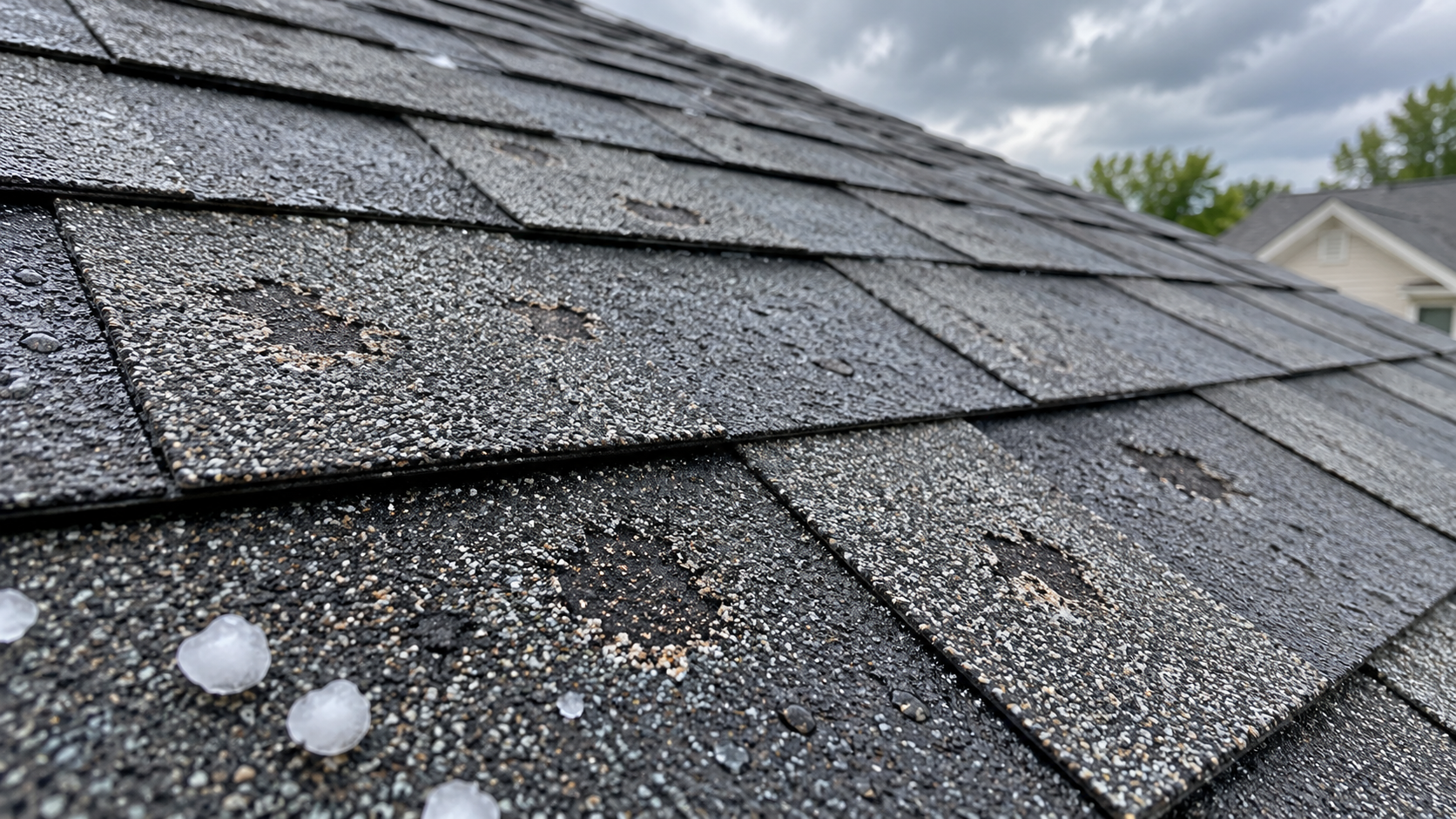 Metal flashing around a brick chimney on a gray asphalt shingle roof
