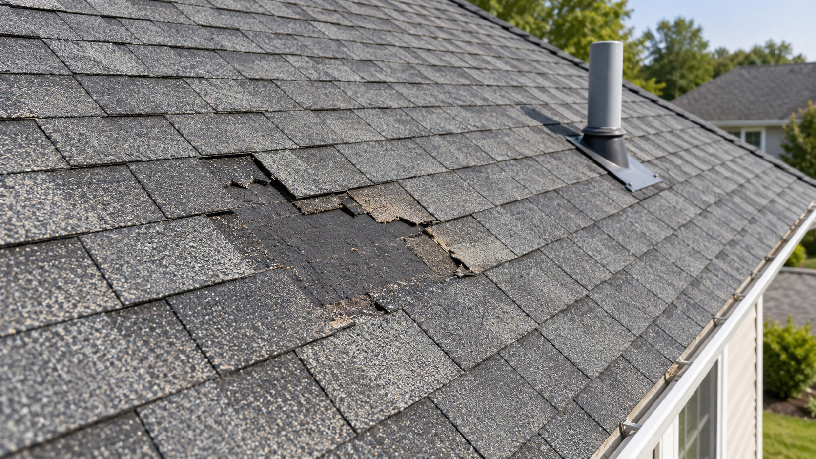 Missing gray asphalt shingles exposing underlayment beside a roof vent